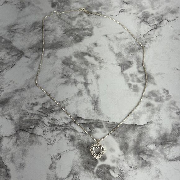 Vintage Sterling Silver Cubic Zirconia Open Heart Necklace Pendant & Chain - Picture 2 of 8